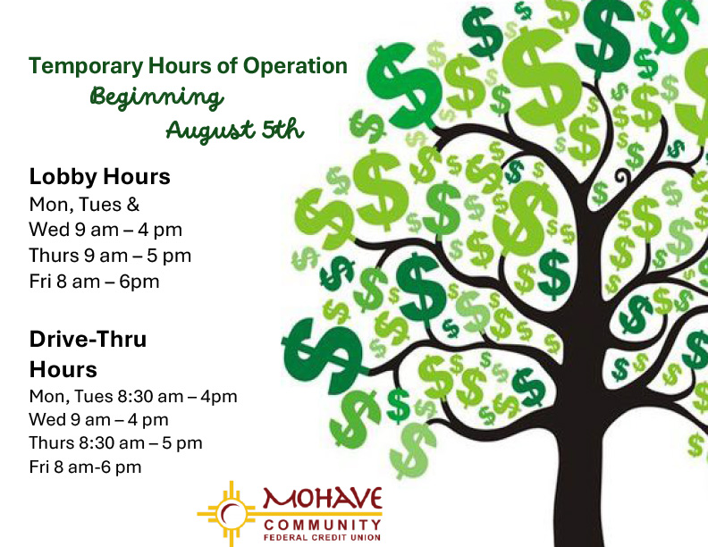 Temporary Hours Mon, Tues, Wed 9 am to 4 pm. Thurs 9 am to 5 pm. Friday 8 am to 6 pm.